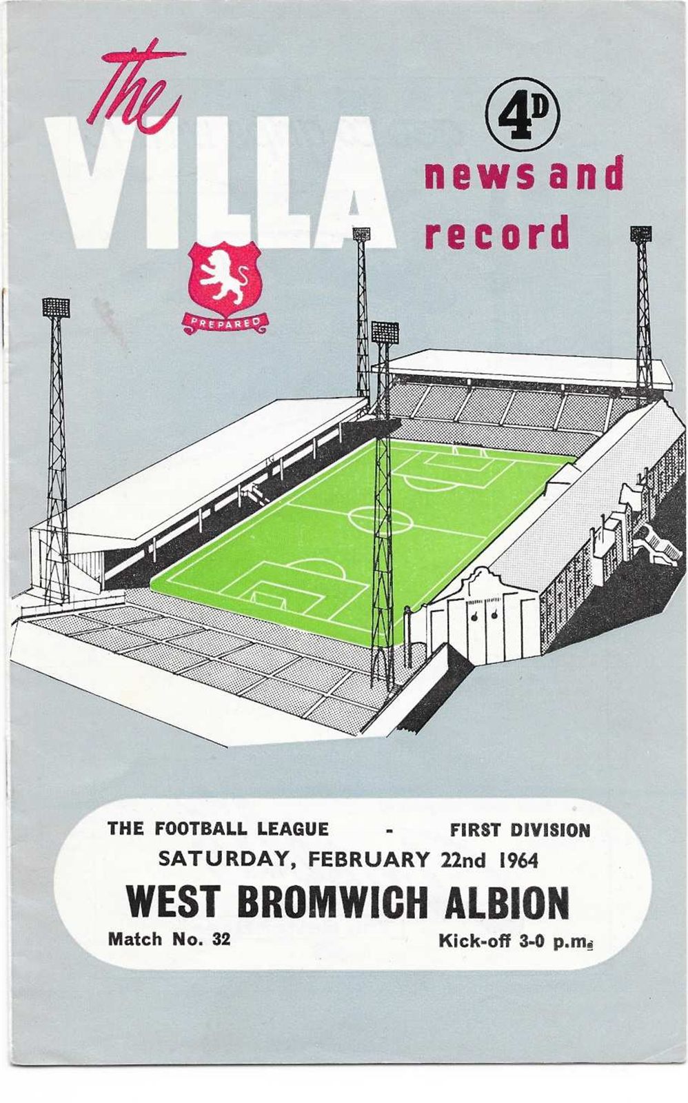 The Villa News and Record matchday programme for Aston Villa v West Bromwich Albion, Saturday 22nd February 1964, price fourpence, showing an illustration of Villa Park.