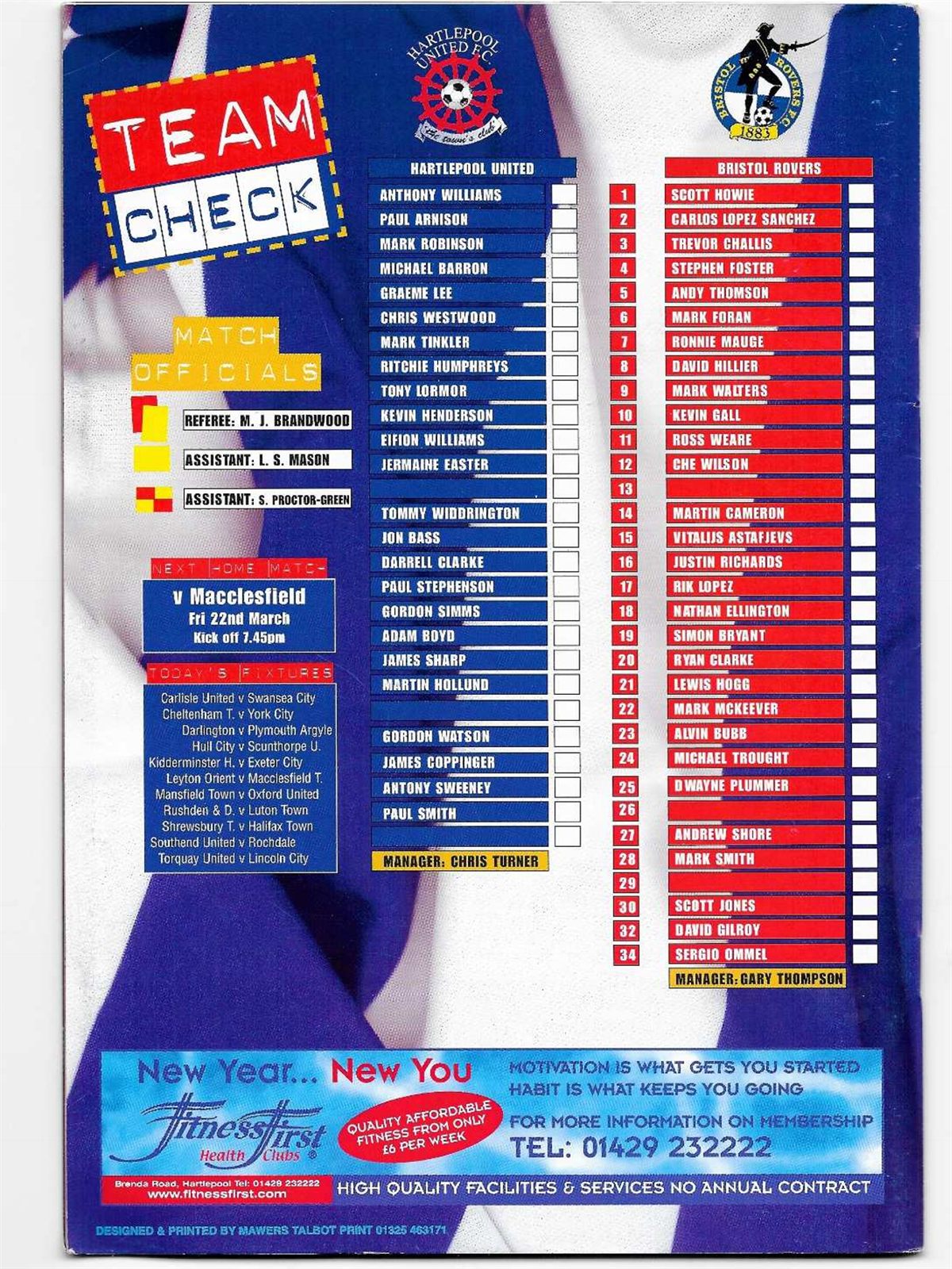The team check page from the Hartlepool United v Bristol Rovers programme, listing both squads and the match officials.